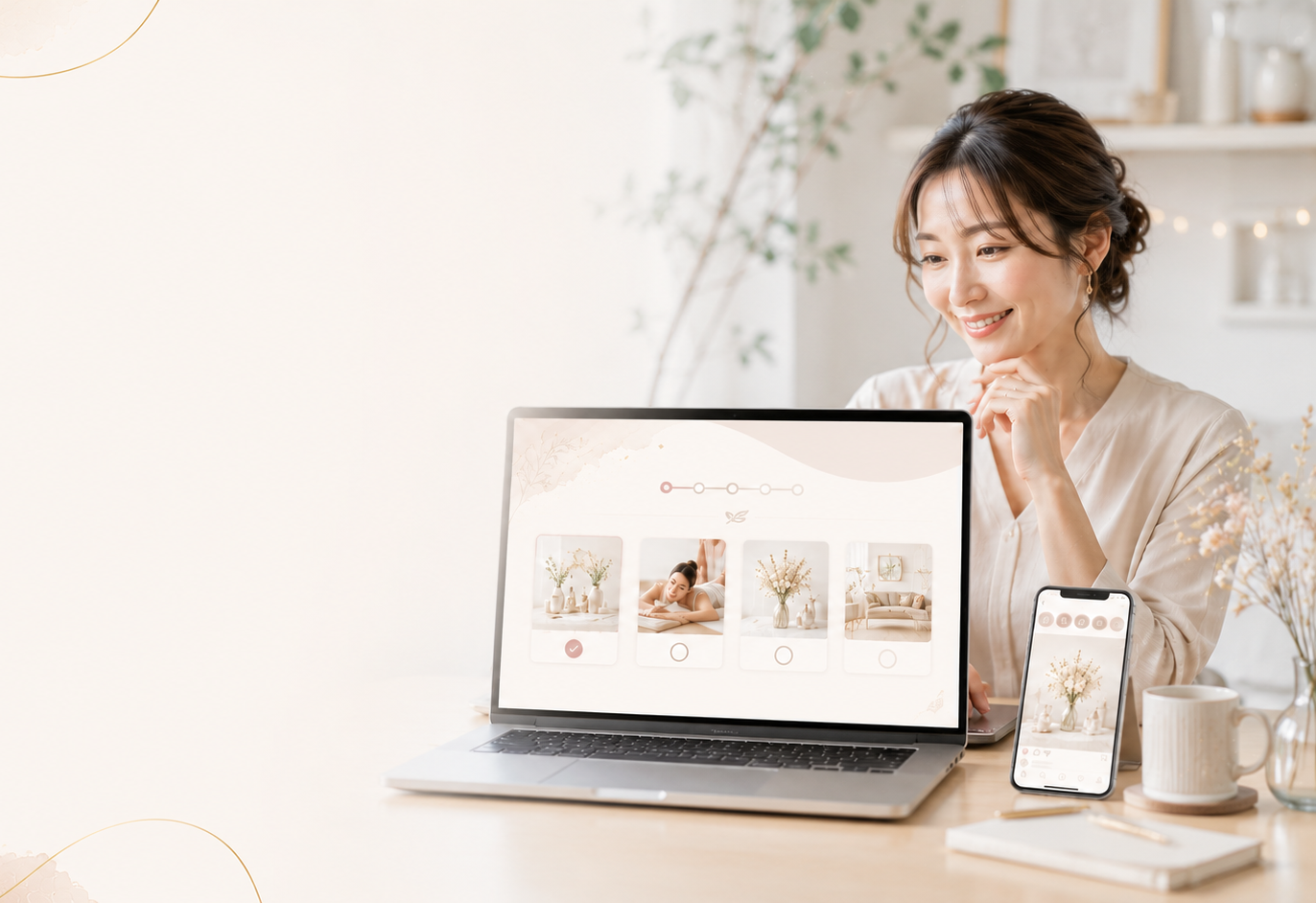 完成したサイトをパソコンとスマートフォンで確認するイメージ